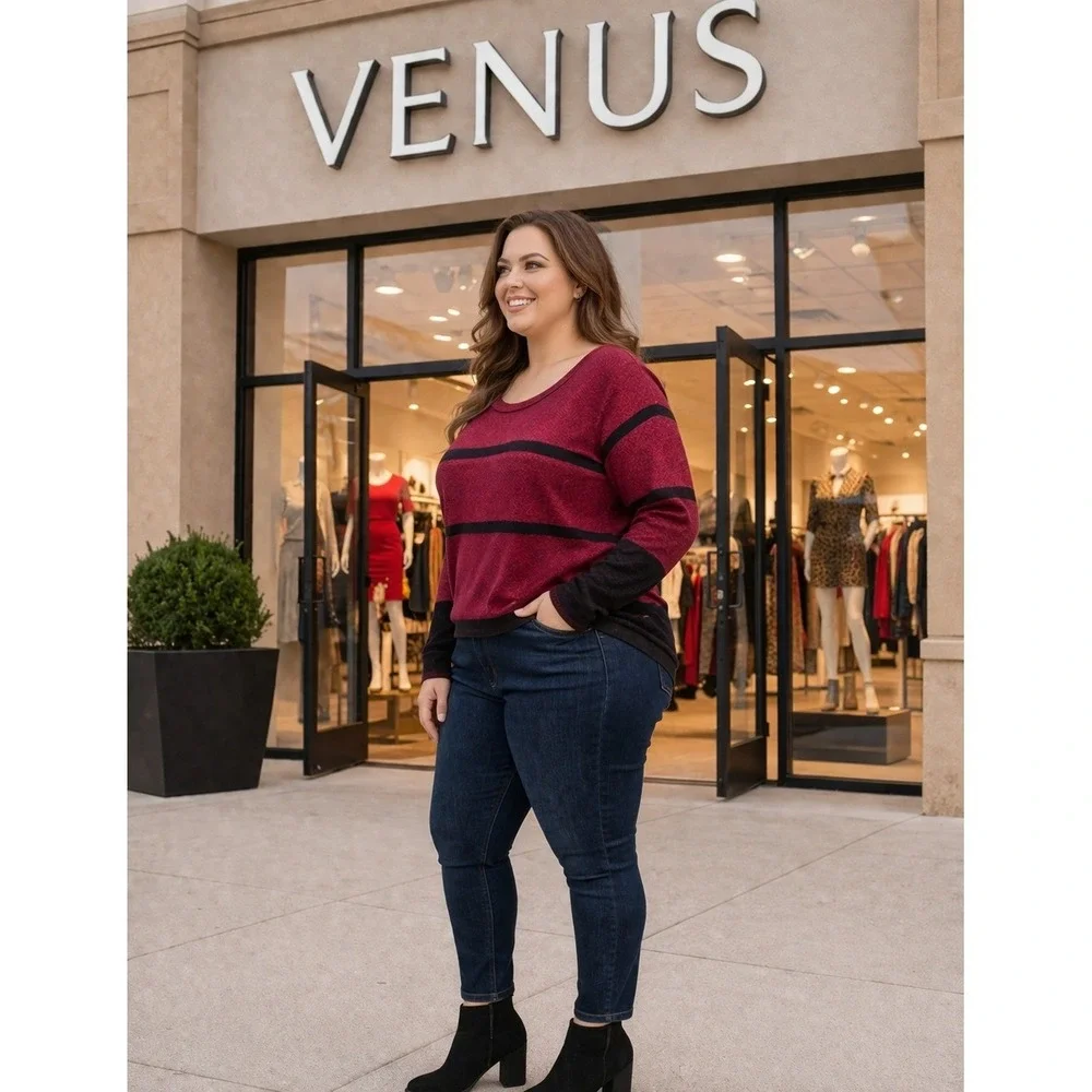 Venus Womens 2X Metallic Sparkle Striped Sweater Burgundy‎ Black Scoop Neck Knit